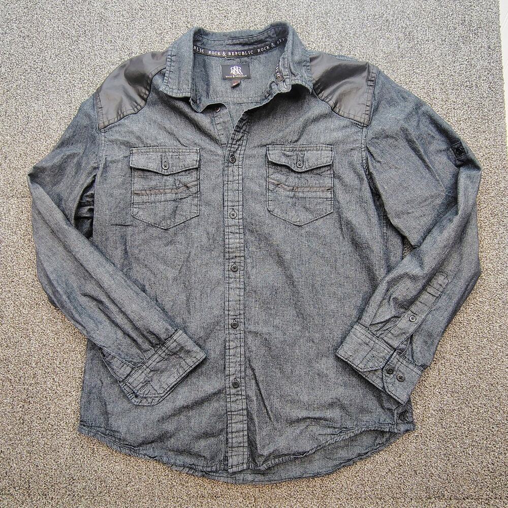 Rock & Republic Long Sleeve Shirt Men's L Dark Gray Roll up sleeves Button up